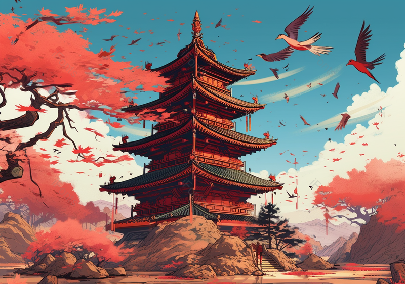 古建筑山水国潮风插画背景,插画/手绘图,插画/手绘图库,插画/手绘图下载,插画/手绘